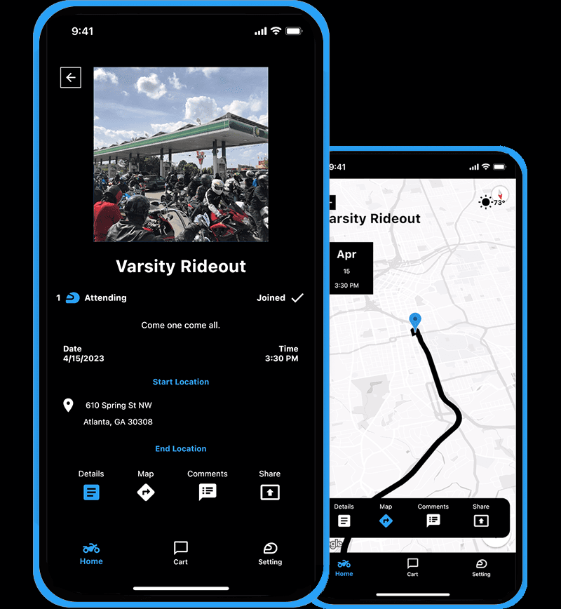 Motossembly app showing ride details